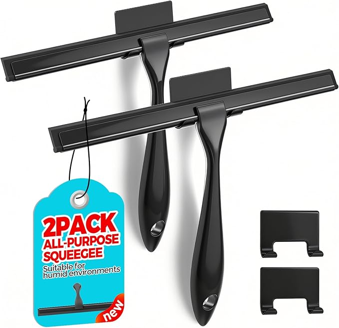 ALFLOD 2PACK 12-Inch All-Purpose Shower Squeegee for Shower Doors, Bath Linen Sets, Tile Shower Walls, Bathroom, Window, Glass and Car Windshield, Mirrors and Kitchen-Stainless Steel, Black