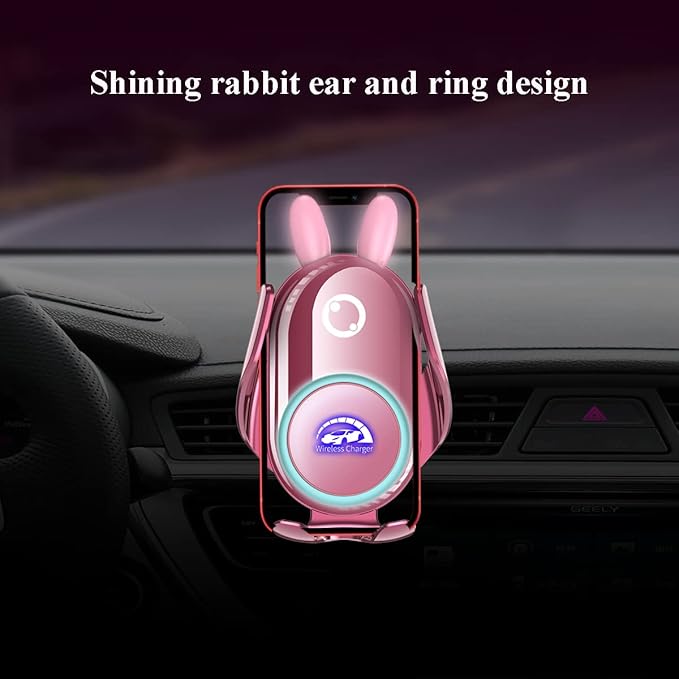 Car Phone Holder Mount Wireless Charging Auto Clamping Rotatable Vent Clip Cute Pink Rabbit Woman for iPhone Samsung Andriod Phone