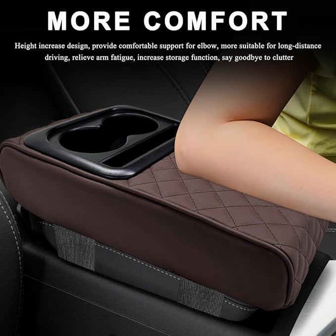 Car Center Console Armrest Pillow, 14"×8.3" Waterproof Leather Armrest Box Cover with Cup and Phone Holder, Soft Memory Foam Arm Rest Console Pad Protector for SUV Truck (Coffee, Embroidery)