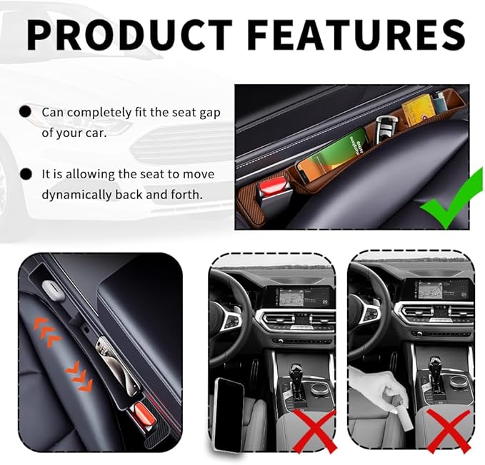 Stacool 2PCS New Car Seat Gap Filler with 2 Storage Areas,Stylish Car Seat Gap Storage for Stabilizing Phone,Keys Wallet,Universal Car Seat Gap Filler Organizer (Carbon Brown)