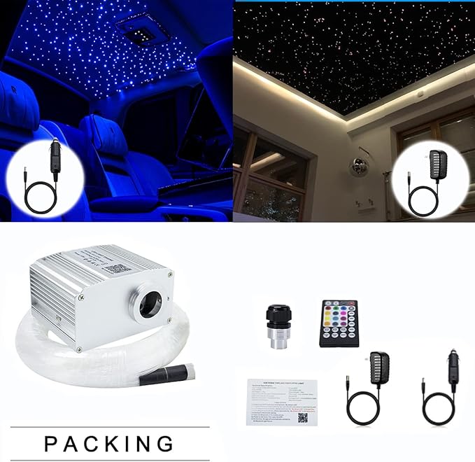 AZIMOM Bluetooth Control 10W RGBW Twinkle Fiber Optic Lights Star Ceiling Light Kit 200pcs*0.03in*6.5ft Fiber Cables Sound Activated APP/Remote Light Engine Car Use Home Interior Lighting Deco