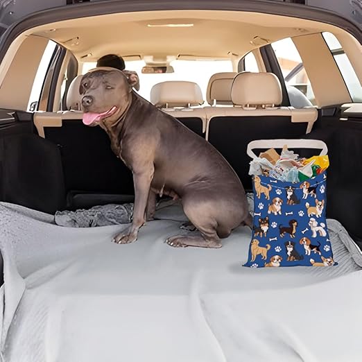 Various Dogs Print Car Trash Bag Hanging Garbage Bag with Snap Buttons Car-Back Seat Trash Storage Portable Dustbin for Car Interior Accessories Travel Camping
