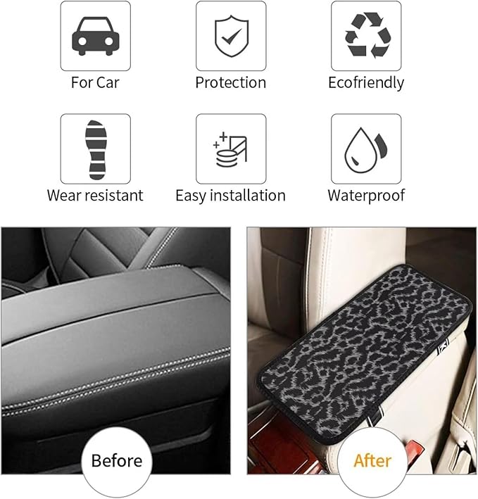 Car Center Console Pad Black Leopard Auto Armrest Seat Box Cover Animal Cheetah Polyester Farbic Arm Rest Protector Cushion Pad Vehicle Interior Protection Accessories for Truck SUV