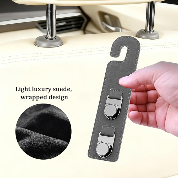 HZEL 2PCS Car Seat Headrest Hooks, Dual Hook Suede Vehicle Backseat Storage Holder for Purse Handbag Coat, Multifunctional Auto Seat Back Grocery Hanger Organizer, Universal for Vehicles (Gray)