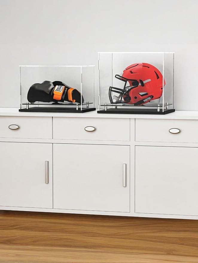 Football Helmet Display case Full Size,Self-Assembly Acrylic Helmet Display Case with Black Protection Holder Base,UV Protection Clear Sports Memorabilia Showcase for Basketball Sneakers
