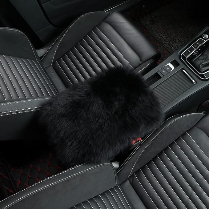 Sheepskin Armrest Cover Auto Center Armrest Cover Car Soft Console Pad, Fluffy Wool Auto Center Console Cover for Most Car Arm Rest Decoration Protector 9 x 14 Inch (Long Wool, Black)