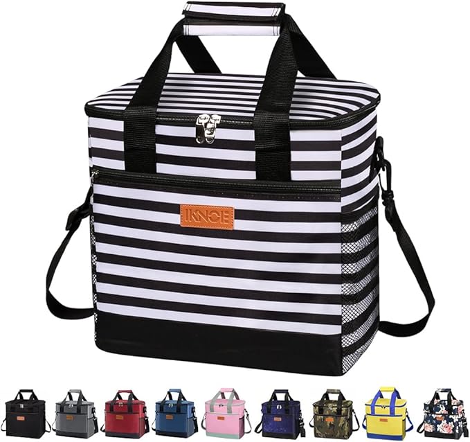 Iknoe Large Cooler Bag Collapsible 24 Can Insulated Bags Leakproof Lunch Cooler Tote with Multi-Pockets for Adult Insulated Thermal Bag for Beach, Picnic, Office Work(Stripe)