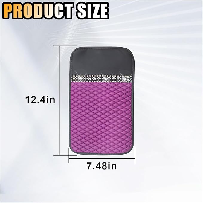 Bling Leather Car Armrest Seat Box Cover, Car Console Armrest Cover with Crystal Rhinestones, Anti-Scratch Waterproof Auto Center Console Protector Cushion Pad for Car SUV Truck (Purple)