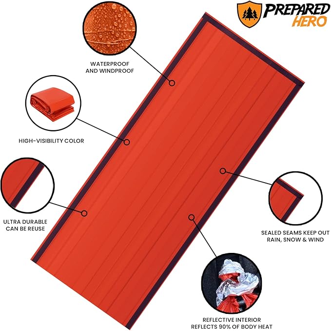Prepared Hero Survival Bag - Emergency Sleeping Bag, Thermal Bivy Sack for Camping, Hiking, Outdoor. Lightweight, Portable, Survival Shelter