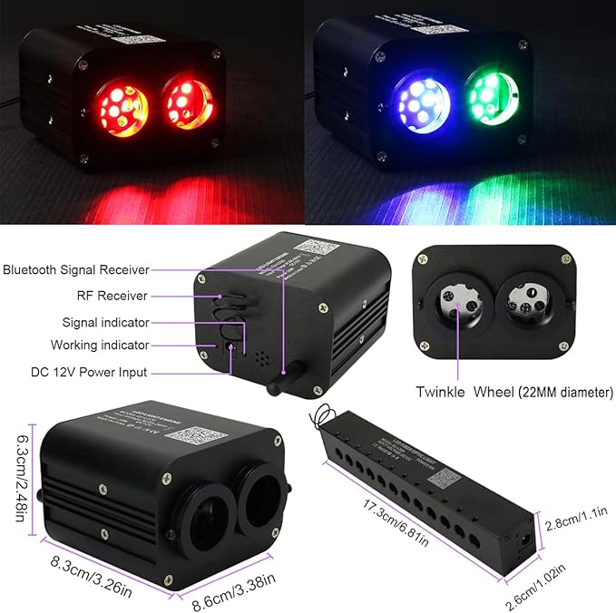 AZIMOM Dual Color 20w Twinkle Fiber Optic Starlight Headliner Kits 1200pcs 0.03in 13.1ft, RGB Meteor Shooting Star, Sound Activated Remote APP Control Home Car Ceiling Décor