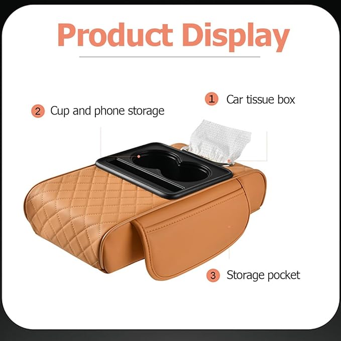 Car Armrest Cushion,5-in-1 Center Console Cover with 2 Storage Bags Cup Holder, Tissue Box Slot, Phone Slot for Sedans, Car Accessories Interior Organizers (Gey)
