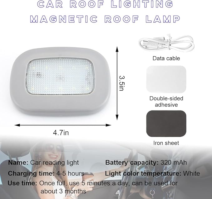 Ohleats Car Interior Ceiling Roof Lights, Magnetic Rechargeable USB Wireless Dome Lamp, LED Auto Map Reading Light Cover for Insider Roof Ceiling, Universal Car Accessories (Gray)