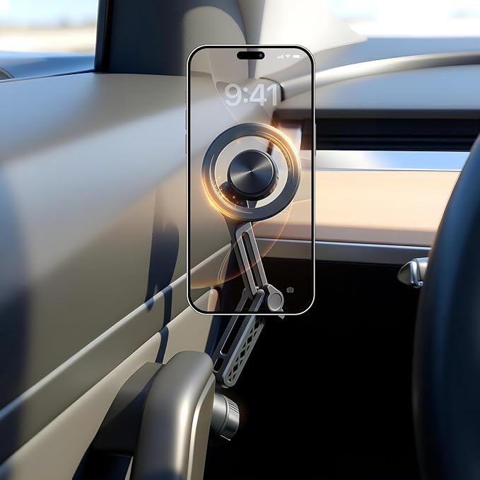Aukee Phone Mount for Tesla Model 3 and Model Y, Easy Installation andFoldable 360° Adjustable Strongest Magnet Power Tesla Phone Holder Fit for All MagSafe iPhone and Phone with Metal Ring, 1PCS