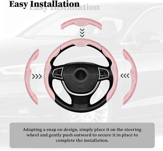 3PCS Car Steering Wheel Cover, Nappa Leather Breathable Non-Slip Segmented Steering Wheel Protector, Snap-on Auto Interior Decoration Accessories, Universal Fit (Pink)