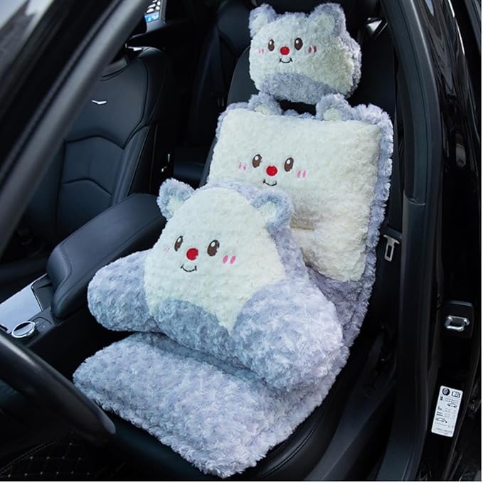 Plush Car Seat Cushion Set with Lumbar Support & Neck Pillow Cute Dog and Bear Shape Pillow for Driving Travelling Home Décor