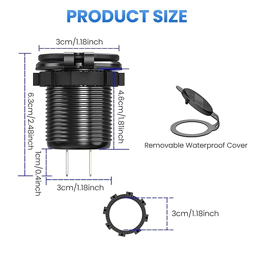 12V USB Charger with 4 Ports, Upgraded Aluminum Alloy Car Outlet with LED Voltmeter Display, for 12/24V Car Golf Cart Boat Marine Bus Truck RV Marine Motorcycle etc. (1PC)