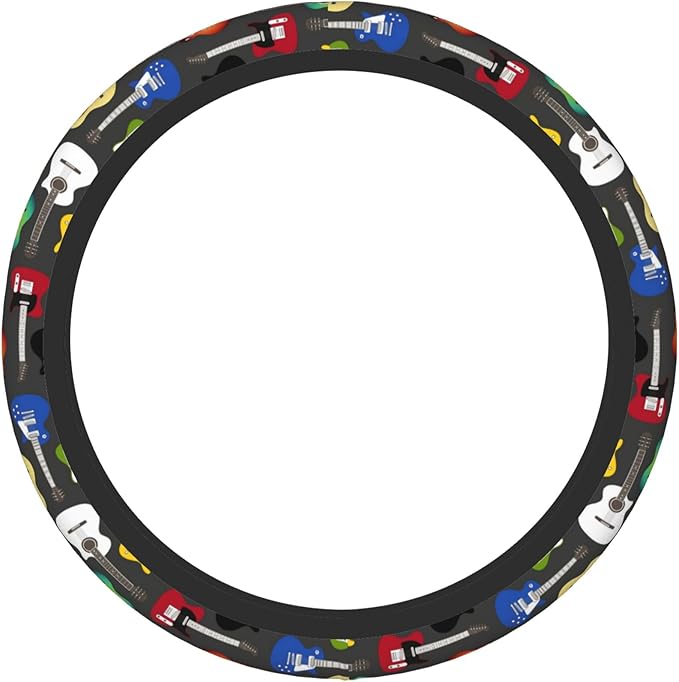 Musical Car Steering Wheel Cover for Women Acoustic Electric Guitars Men Stretch Cloth Anti-Slip Wrap Protector Case Fit Universal Auto Accessories Decor Sweat Absorption 14-15 Inch