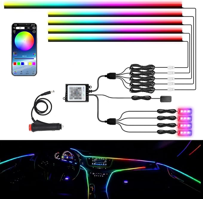 LED Interior Car Strip Light, Multicolor RGB 9 in 1 Optic Ambient Lighting Kits，Dual Control with Switch and A P P, Neon Lights On Car Dashboard with Music Sync Mode (9 in 1)