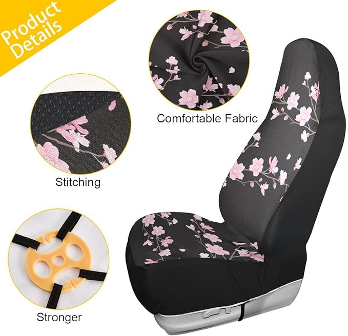Cherry Blossom Car Seat Covers Set of 2,Japanese Pink Flowers Print Tree Branches with Falling Petals Universal Auto Front Seat Protector for Women Cute Car Accessories Fit for Car SUV Truck