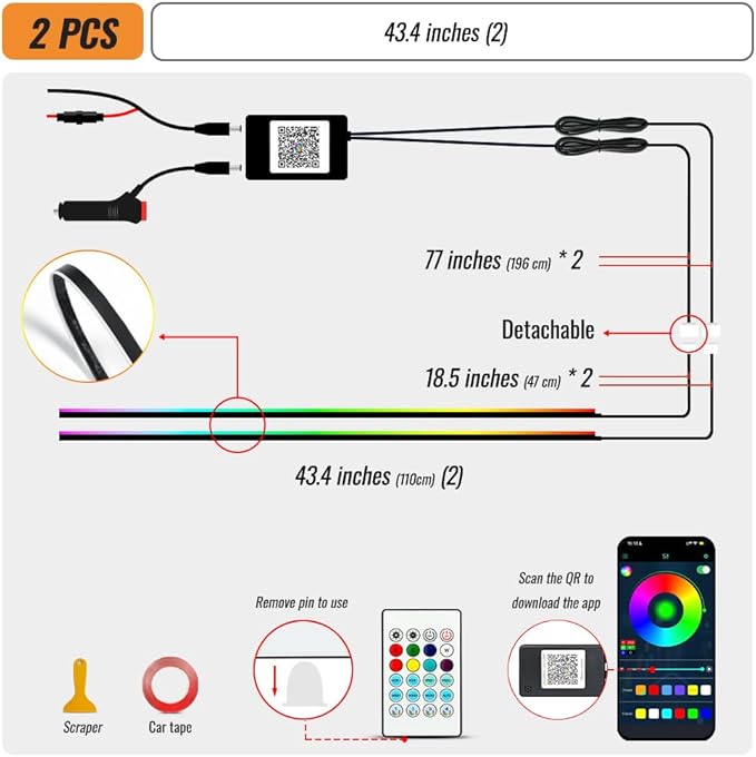 Ambient Lighting Car Led Lights Interior Kit,2PCS 43.3 inches Dream Color Acrylic Led Strips Lights for Car Interior Dashboard,DC 12V Fiber Optic Music Sync Neon Ambiance Lighting with Wireless APP
