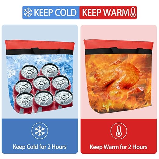 CIVJET Insulated Reusable Tote Bag for Grocery Shopping for Women, Pizza/Food Delivery Bag to Keep Food Cold/Hot for Commercial Food Transport, Cooler bags for Travel/Beach/Picnic, Non-Waterproof, Red