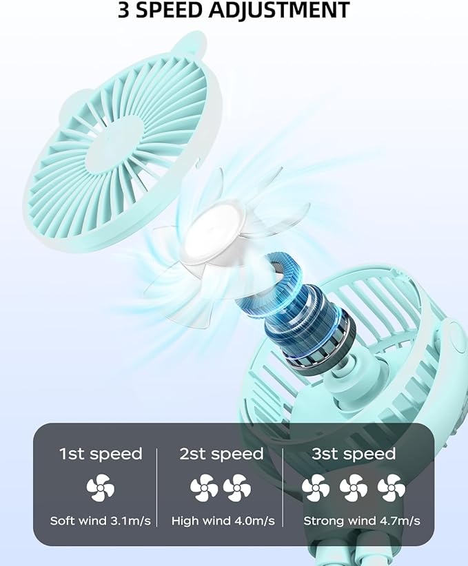 buywoo Portable Stroller Mini Fan, Small Rechargeable Personal Cooler w/ 360° Rotation, Baby Essentials for Car Seat, Crib, Bike, Treadmill, 3-Speed Battery Powered Stroller Accessories, Mint