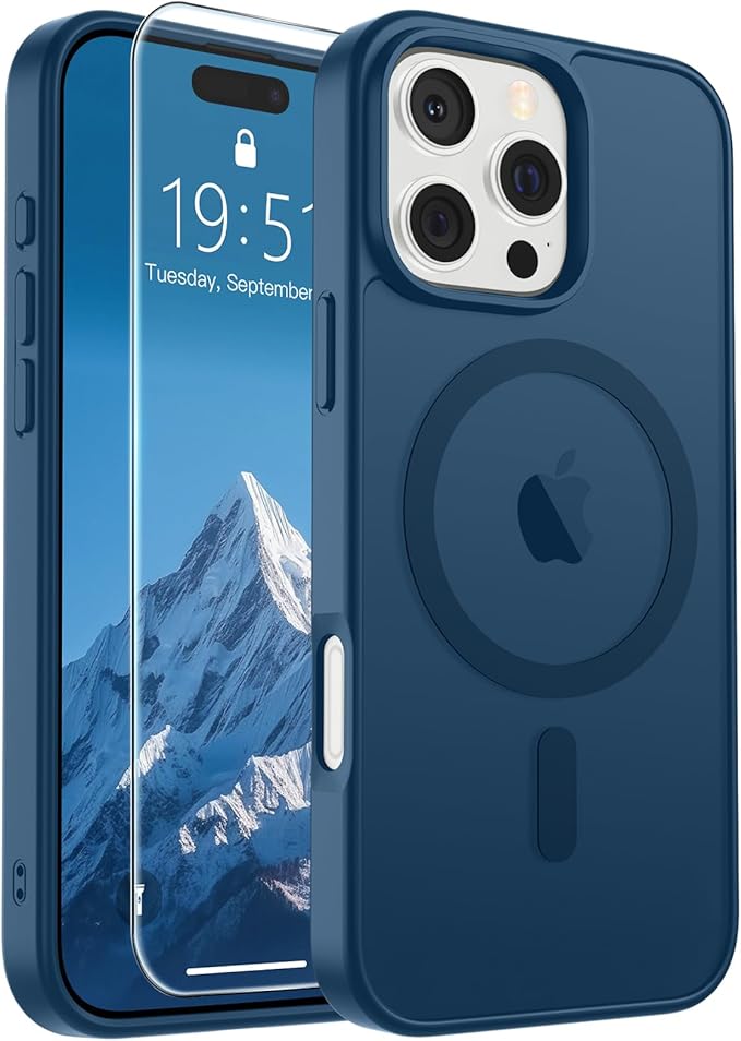 SUPFINE Magnetic for iPhone 16 Pro Max Case with Screen Protector (Compatible with MagSafe) (Military Grade Drop Protection) Translucent Matte Shockproof with Anti-Fingerprint Phone Case,Deep Blue