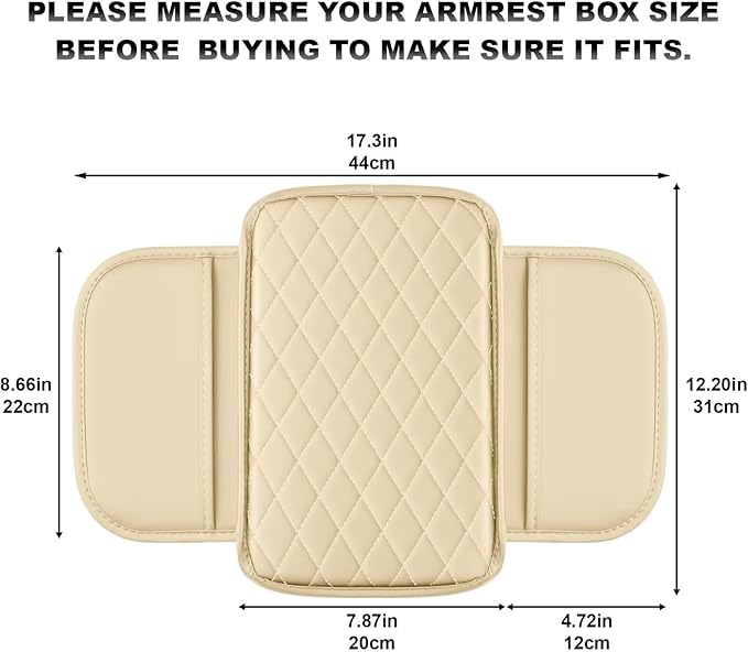 Upgraded Car Center Console Cover Fit for RAV4 Faux Leather Car Armrest Cover Cushion with 2 Storage Bags,Car Armrest Storage Box Interior Accessories(Beige&Whiteline)