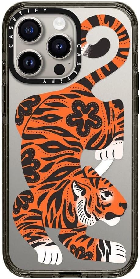 CASETiFY Impact iPhone 15 Pro Max Case [4X Military Grade Drop Tested / 8.2ft Drop Protection/Compatible with Magsafe] - Animal Prints - Fierce Tiger - Clear Black