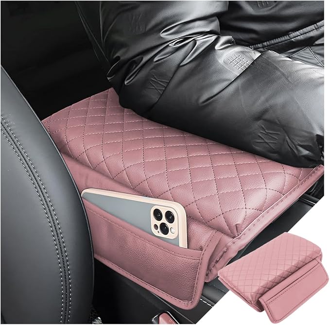 zipelo Car Armrest Cushion, Carbon Fiber Leather Auto Center Console Pad, Memory Foam Armrest Box with Storage Bag, Hand Rest Pillow with Organizer Pockets, Universal Fit for Most Vehicles (Pink)