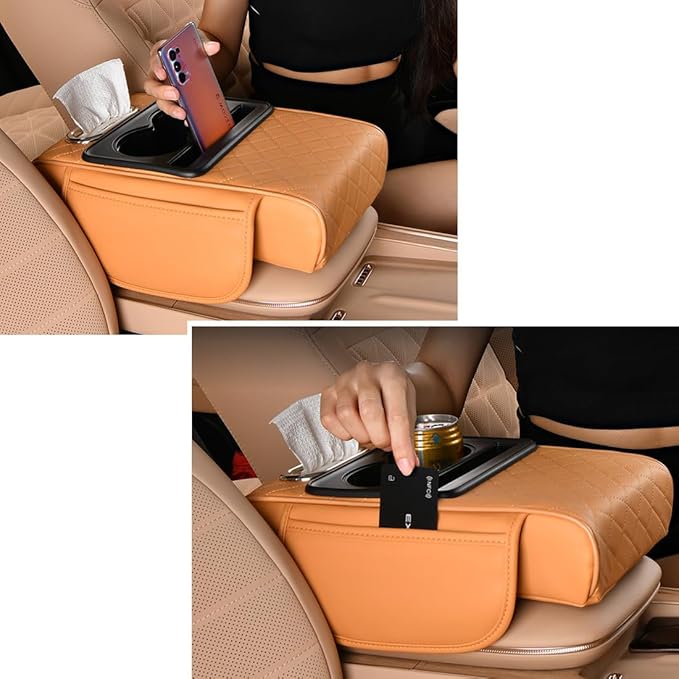 Car Armrest Cushion,5-in-1 Center Console Cover with 2 Storage Bags Cup Holder, Tissue Box Slot, Phone Slot for Sedans, Car Accessories Interior Organizers (coffee)