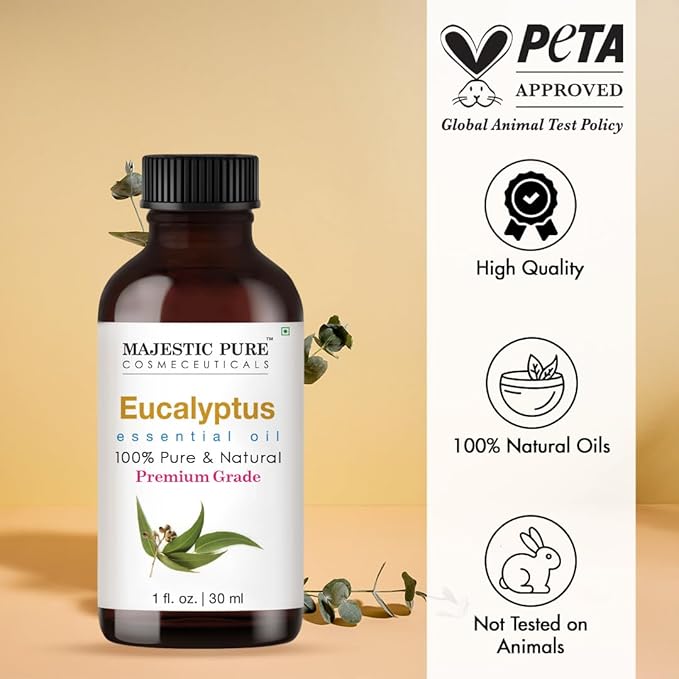 Majestic Pure Essential Oil with Glass Dropper - 100% Pure and Natural - Essential Oils for Diffuser, Aromatherapy, Soap and Candle Making, Eucalyptus Essential Oil, Eucalyptus Oil, 1 Fl Oz