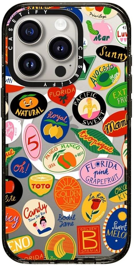 CASETiFY Impact iPhone 15 Pro Case [4X Military Grade Drop Tested / 8.2ft Drop Protection/Compatible with Magsafe] - Stickers Prints - Fruit Stickers - Clear Black