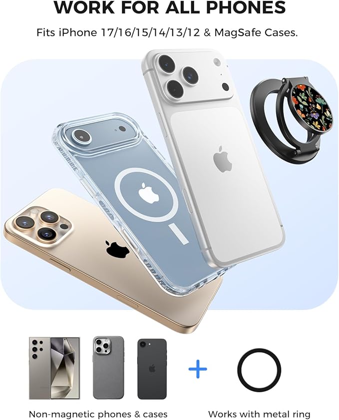 SUPERONE Dual-Side Magnetic Ring Holder, Ideal Gift Gym Phone Grip Kickstand with Cute Pattern for iPhone 17/16/15/14/13/12/ Series, Magsafe Case & Mag Car Mounts, Magnet Ring Included for All Phones