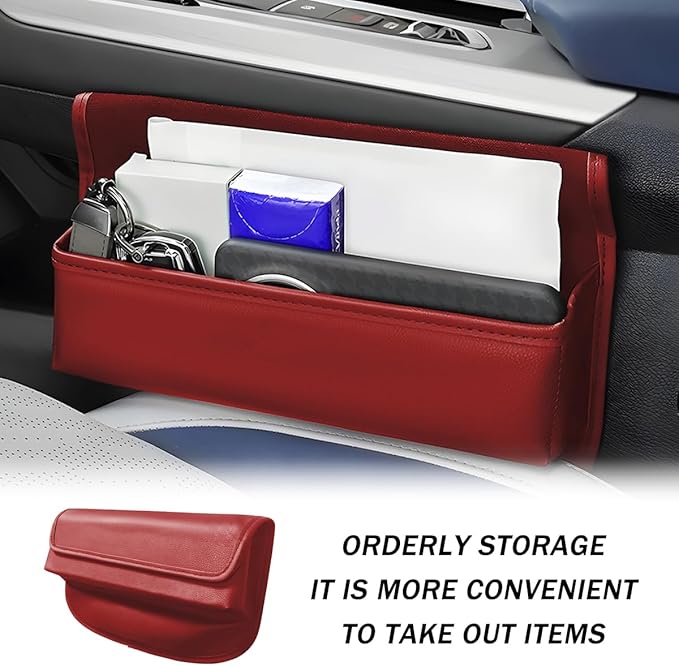 Car Seat Gap Filler Organizer, Leather Vehicle Side Seat Gap Storage Box with Lid for Phone Key Card, L-Capacity Auto Interior Organization, Universal for SUV Sedan Truck (Wine Red)