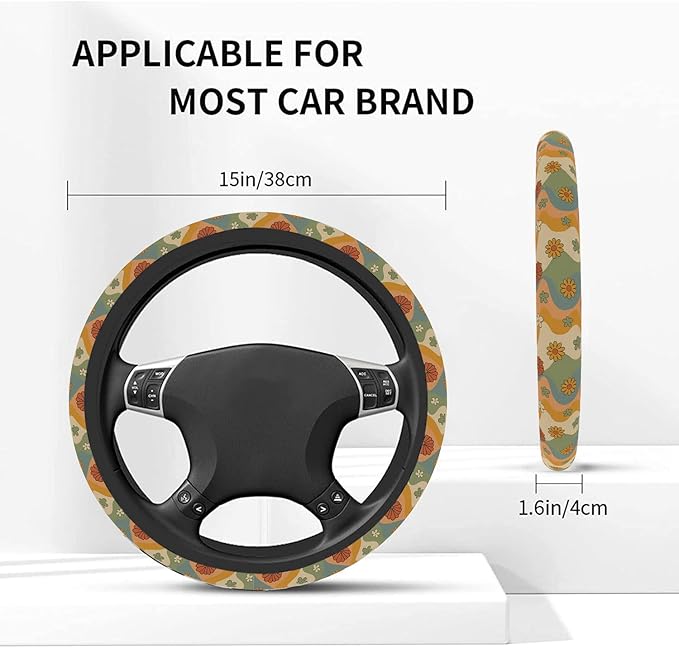 Car Steering Wheel Cover for Women Men, Non-Slip Flower Retro Steering Wheel Protector, Universal 14"-15" Fit for Cars, SUVs, Trucks (Flower Retro)
