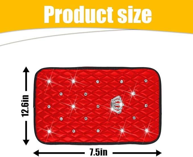 Mandark Bling Car Center Console Cover, Rhinestones Crown Vehicle Armrest Seat Box Mat Pad, Diamond Automotive Interior Arm Rest Cushion Protector Decor Accessories, Universal Fit(Red)