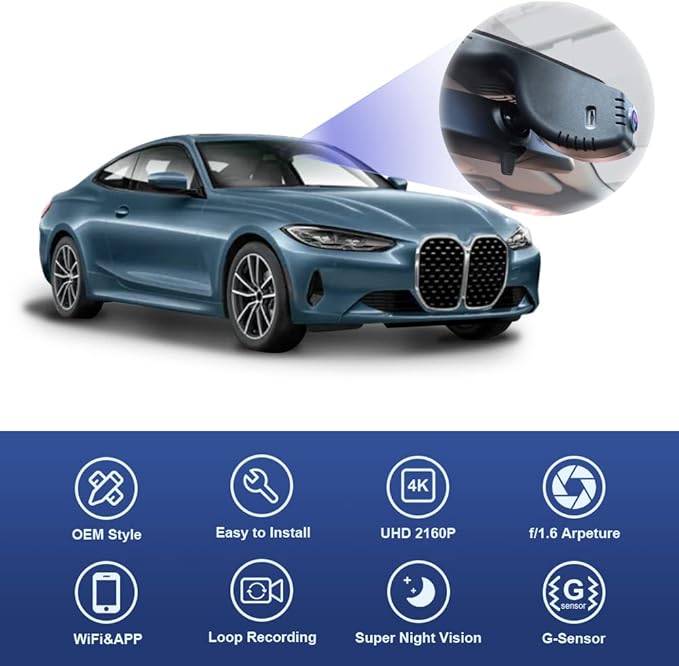Fitcamx 4K Dash Cam Suitable for BMW 3 4 Series M3 M4 2020-2024 (Model A) 330i 430i Xdrive 330e M340i M440i Coupe, OEM Style, 2160P UHD Video, Built-in WiFi & APP, Loop Recording, G-Sensor, 64GB Card