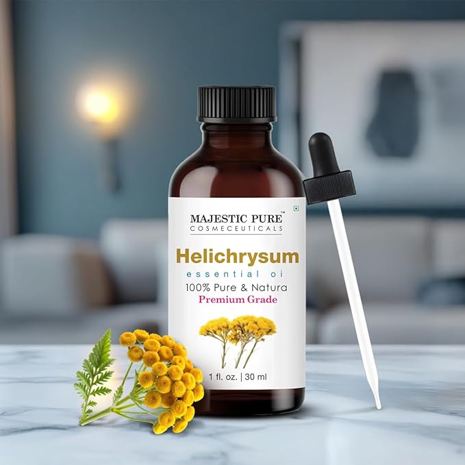 Majestic Pure Essential Oil with Glass Dropper - 100% Pure and Natural - Essential Oils for Diffuser, Aromatherapy, Soap and Candle Making, Helichrysum Essential Oil, Helichrysum Oil, 1 Fl Oz