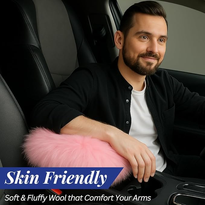 Andalus Brands Pure Australian Sheepskin Fluffy Car Center Console Cover, Luxurious Non-Shedding Furry Arm Rest Cover for Car, Versatile for All Seasons, Pink - (11.47" X 6.3")