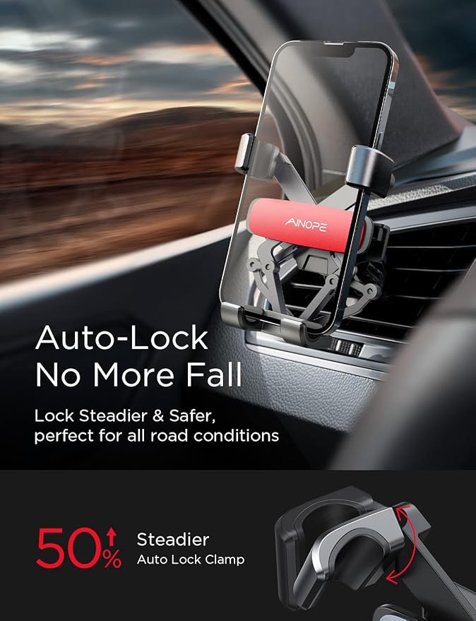 AINOPE Car Phone Holder Mount Vent 2026 Gravity Air Vent Phone Holders for Your Car for iPhone 16 Pro Max with Vent Clip Hand Free Cell Phone Car Mount Holder for iPhone 15 Plus Samsung Red
