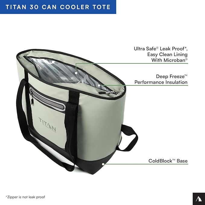 Titan by Arctic Zone Soft Sided Cooler Tote, Insulated Bag with Handle, Shoulder Strap, and Zipper for Lunch, Picnic, and Travel, 30 Can Capacity