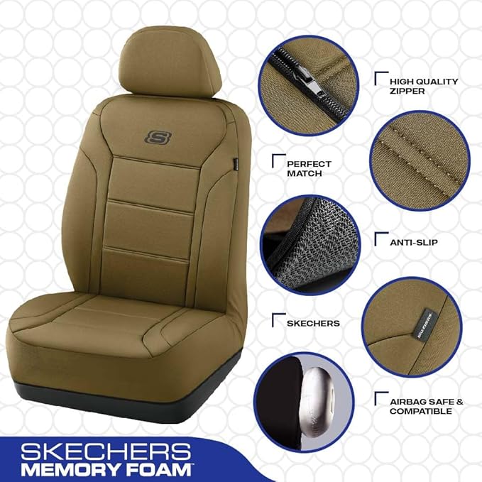 Skechers Memory Foam Car Seat Covers, Lycra Fabric Seat Covers, Seat Cover Full Set Airbag Compatible, Automotive Comfort Protection for Most Cars,Trucks, SUVs, All Brown