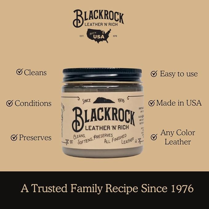 Blackrock LEATHER N RICH - Quality leather cleaner and conditioner, Made in the USA since 1976 - Leather care for boots, saddles, car interiors, furniture, horse tack. Easy to use.