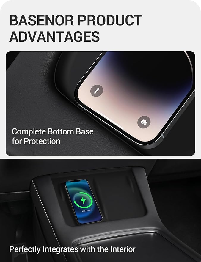 BASENOR Upgrade Tesla Model Y Model 3 Center Console Wireless Charger Mat Silicone Cover Wireless Charging Phone Pad for 2021-2024 Model Y 2021-2023 Model 3 Interior Accessories