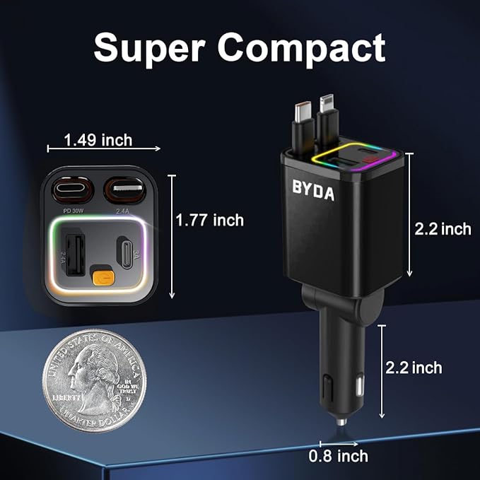 4 in 1 Retractable Car Charger,69W USB-C Fast Car Charger, for iPhone 17/16/15/14/13/12/11, Android,Pixel,Cigarette Lighter Charger (for Apple+Type C &RGB [Black])
