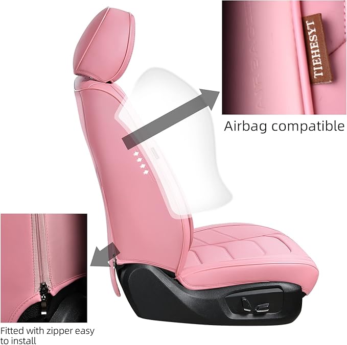 Pink Car Seat Covers Full Set, Breathable Leather Automotive Front and Rear Seat Covers & Headrest for Comfortable Driving, Universal Auto Interior Fit for Most Kinds of Vehicles