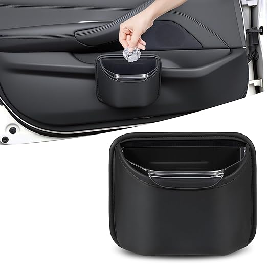 PIFOOG Small Car Trash Can for Side Door Back Seat Leather Leakproof Removable Liner Clip On Automotive Garbage Bin Compact Auto Trashcan Multipurpose Storage Organizer Container 0.22 Gal