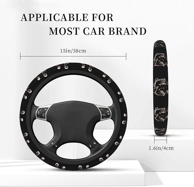 Skull Skeleton Red Rose Love Steering Wheel Cover Men, Comfortable Elastic Steering Car Wheel Cover Fit 15 inches Universal Accessories Suvs Trucks Decor