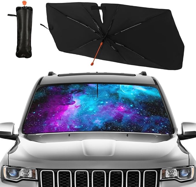 CHILLTEK Funny Car Windshield Sun Shade, Purple Starry Nights Car Sun Shade, Block UV Rays Heat Foldable Windshield Umbrella Sun Visor Protector - Keep Vehicle Cool for Cars SUV